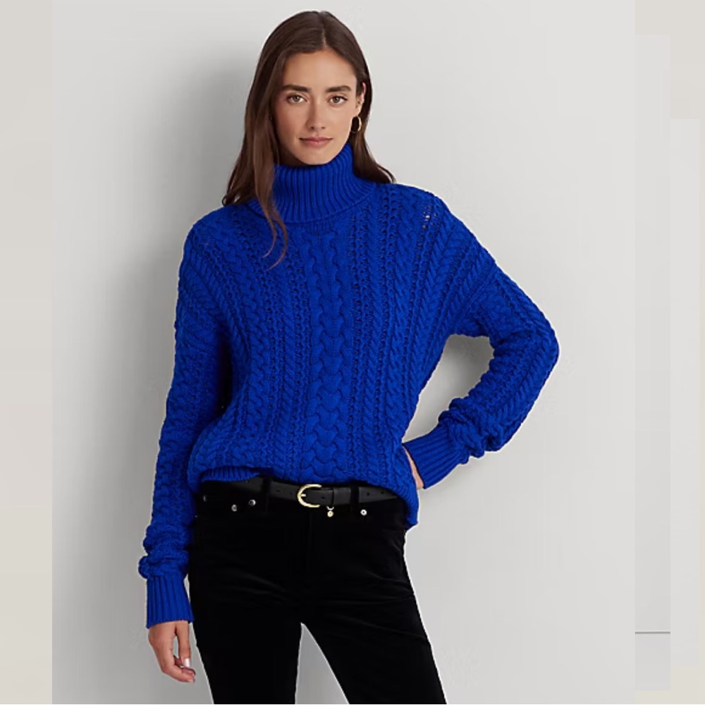 Lauren Ralph Lauren Women's Cable-Knit Cotton-Blend Turtleneck Royal Blue XS